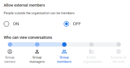 Image showing Google Groups permissions settings.